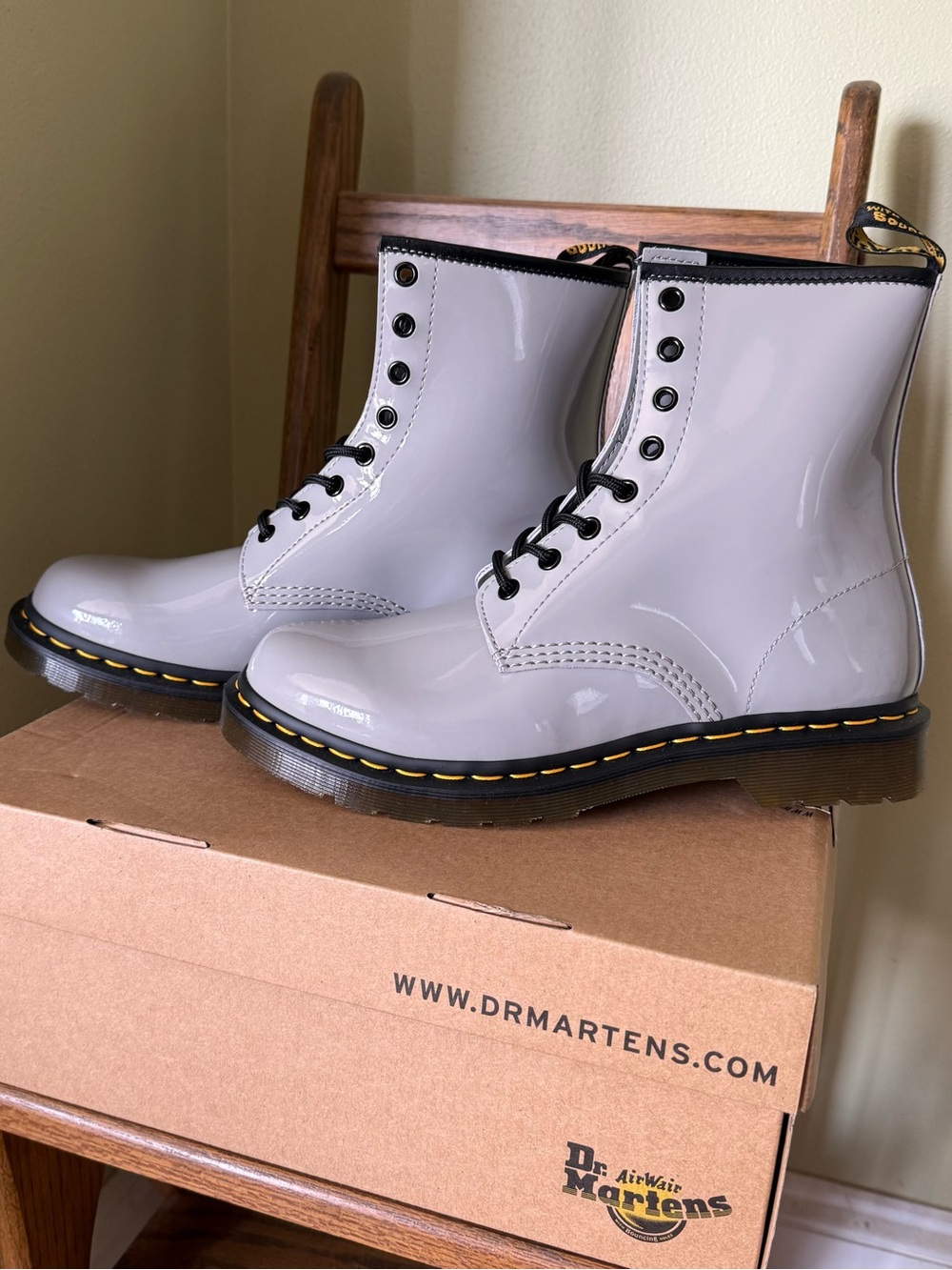 Dr. Martens 1460 W Zinc Grey Patent Lamper Boots with Yellow Stitching